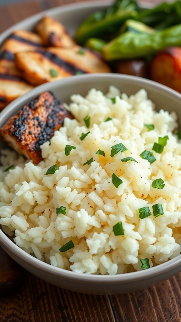 A bowl of cauliflower rice with herbs, served with grilled chicken and vegetables on a rustic table.